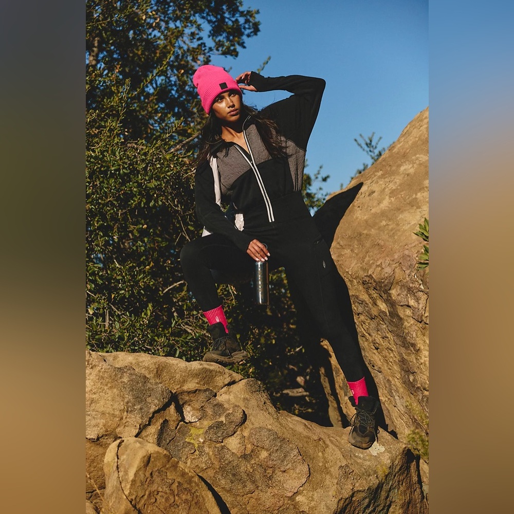 Free People Black & Gray Zip Jumpsuit with Pink Beanie and Socks